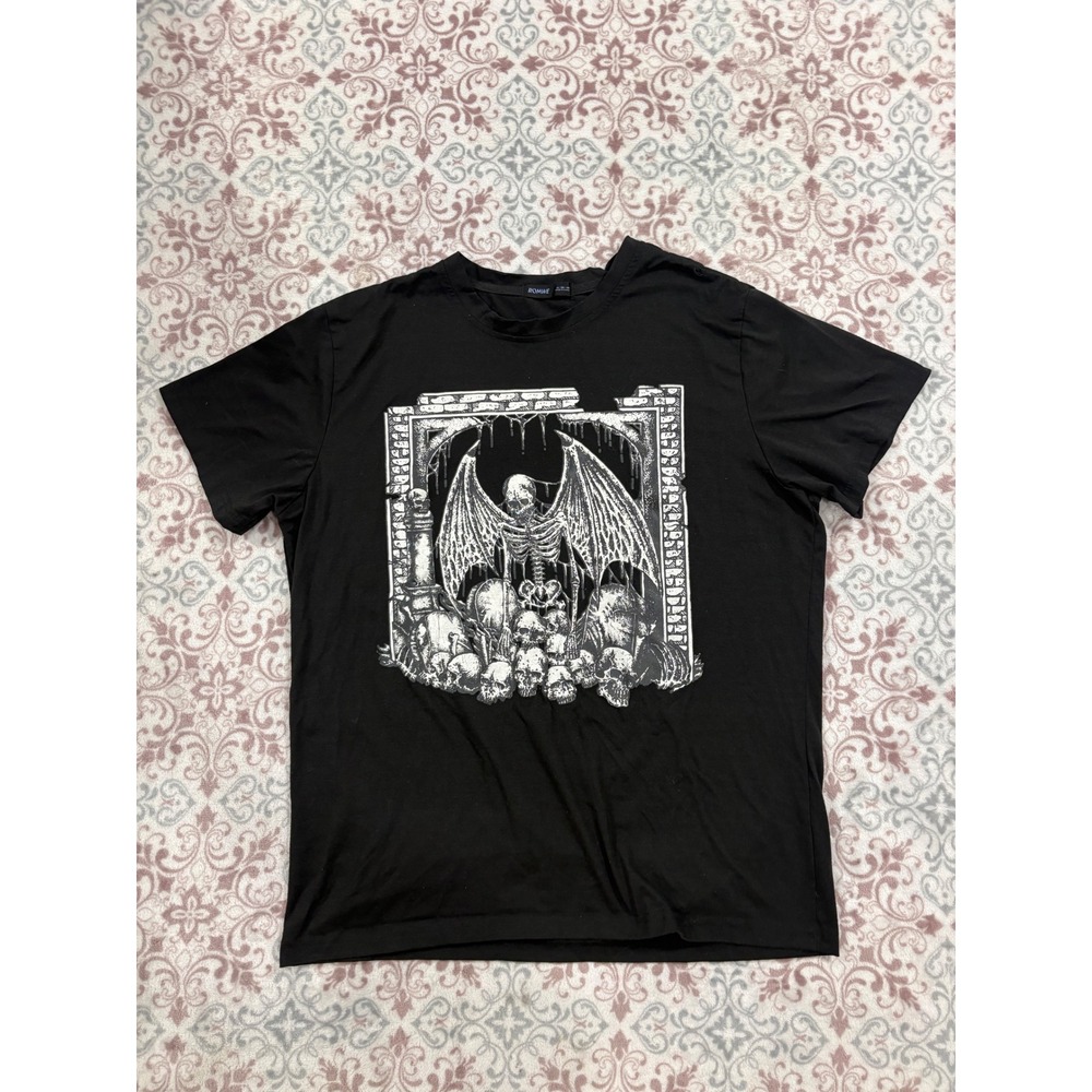 Romwe Mens Black Gothic Winged Skeleton Skull Graphic T-Shirt Size M